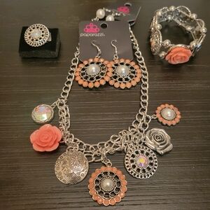 Paparazzi Silver and Coral Jewelry Set